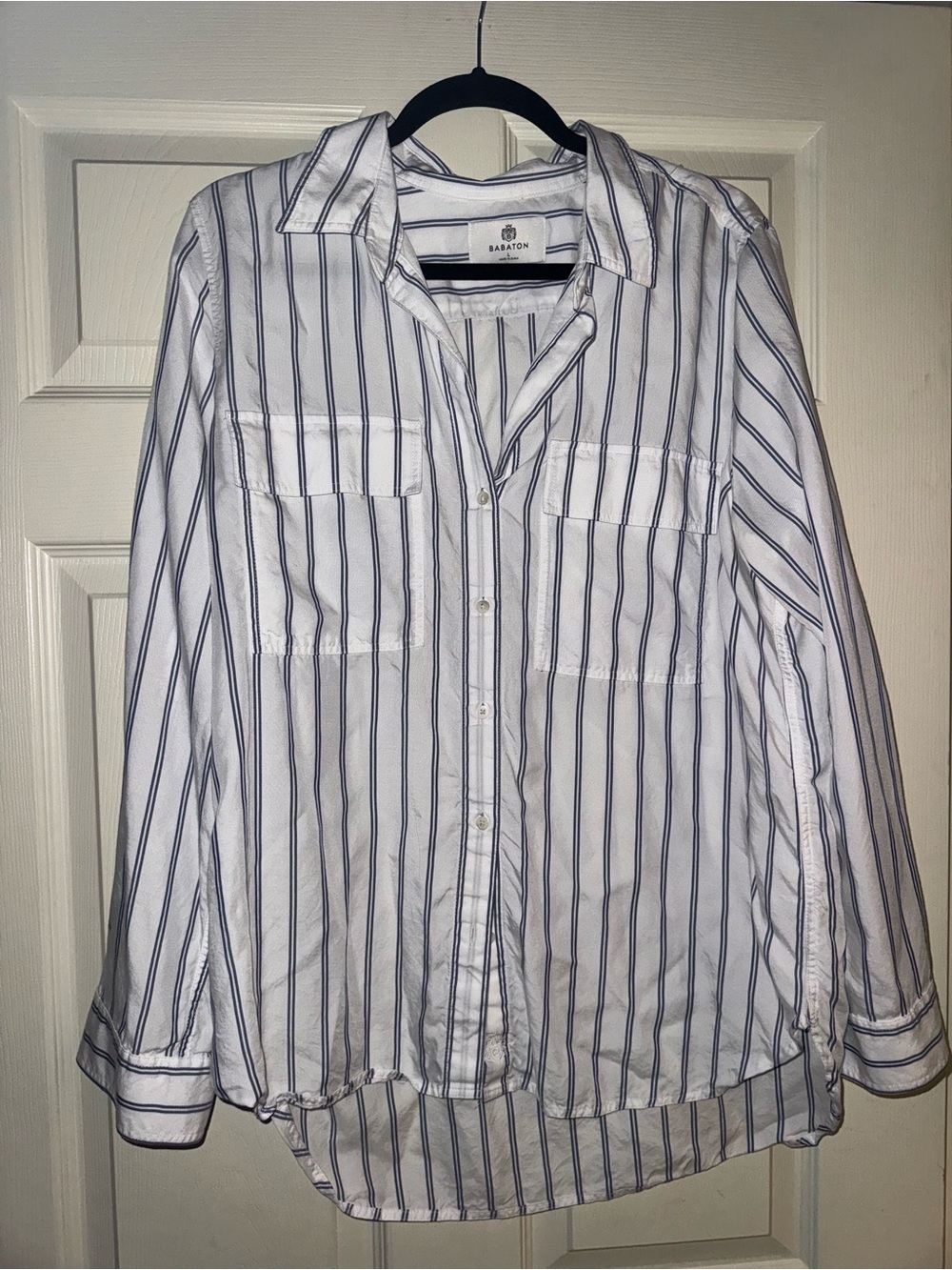 Aritzia Babaton White Shirt with Navy Pinstripes